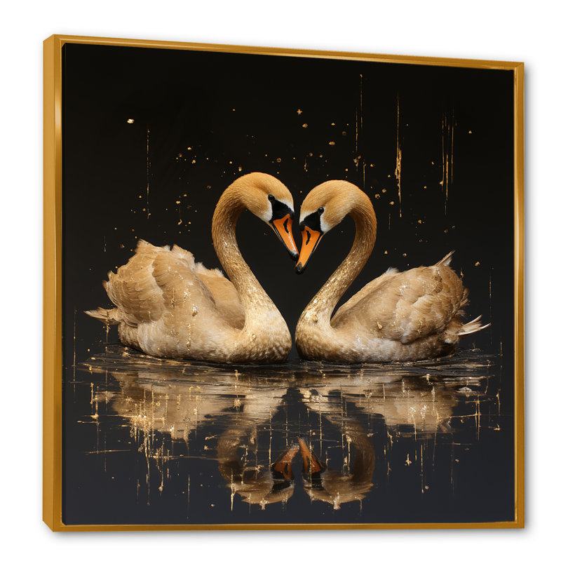 Golden Swans Wandering Pond 1 - Art mural animaux cygnes, Or, H 36 po x l 36 po