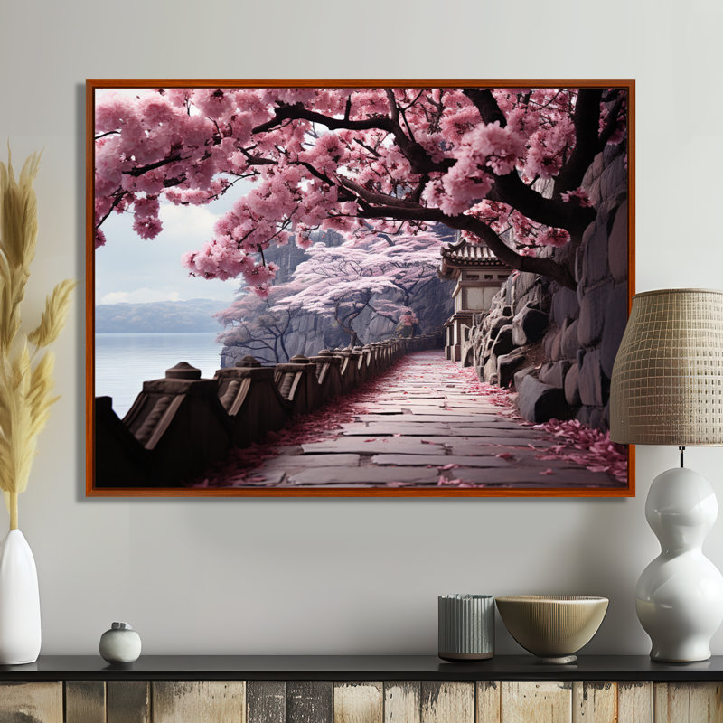 Art du Japon, chemin de fleurs de cerisier rose - Art encadré, H 34 po x l 44 po, Cadre flottant brun