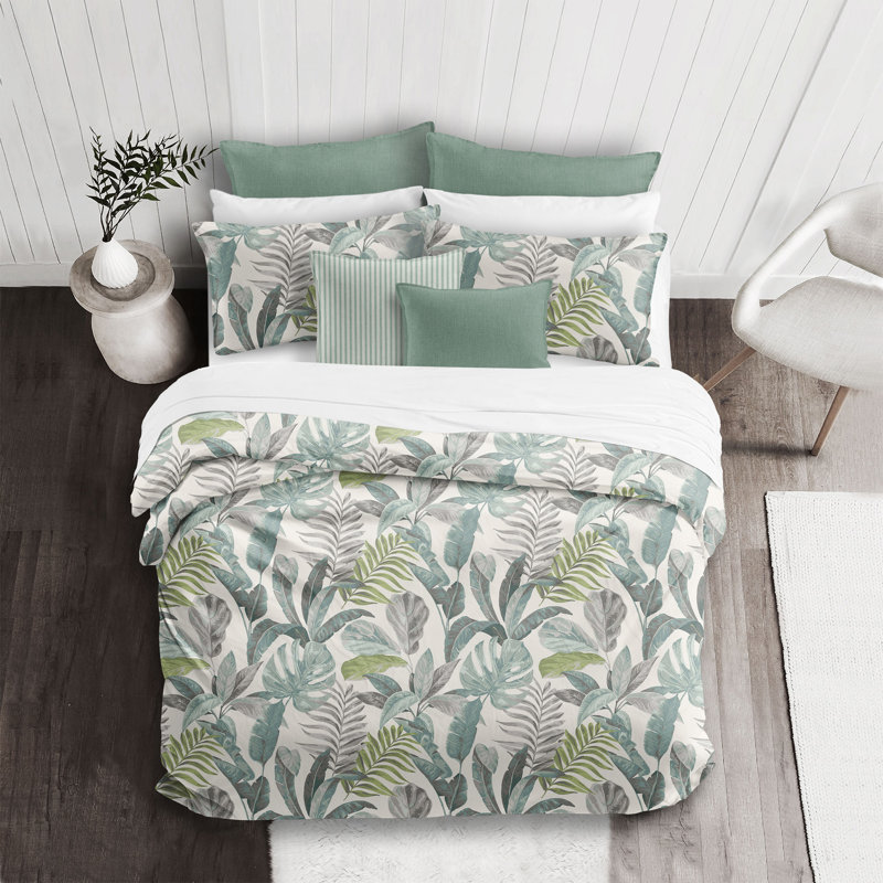 Tropical Palms 2 Piece Duvet Cover Set, Full Duvet Cover + 2 Standard Shams, Green Gray White Floral 2