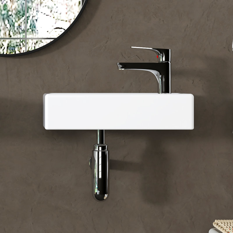 Combiné de lavabo mural de 16 pouces MEJE, petit lavabo de vestiaire, lavabo de salle de bain rectangulaire en céramique - ensemble de lavabo à droite (avec robinet et bonde escamotable)