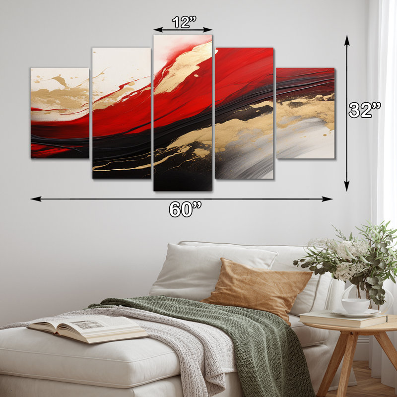«Midnight Passion Abstract Wave Scarlet & Gold II» - Décoration murale abstraite - 5 panneaux