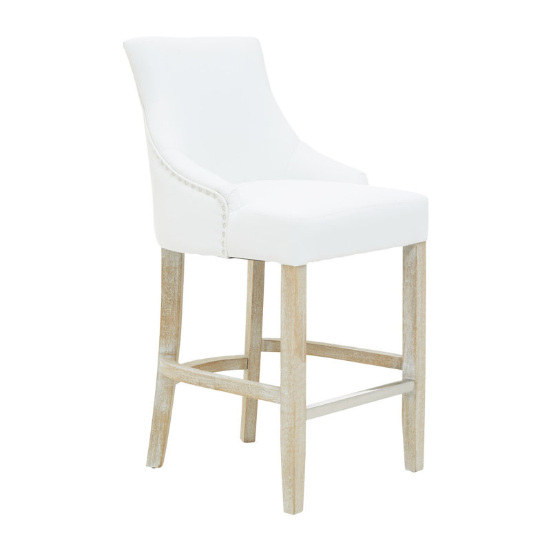 Esma Upholstered Counter Stool with Solid Wood Frame, Oak, Ivory