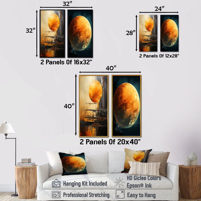 Ensemble de 2 planètes murales Jupiter Topaz Titan, H 32 po x l 33 po, Encadrement doré