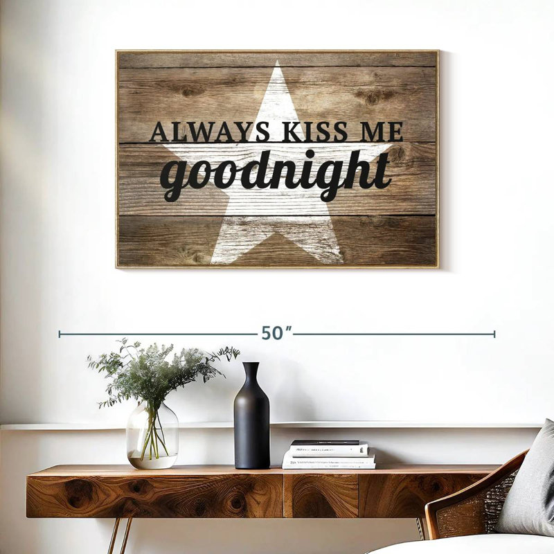 Plaque murale Kiss Me Goodnight Love, Cadre flottant en bois naturel, 37 po x 25 po