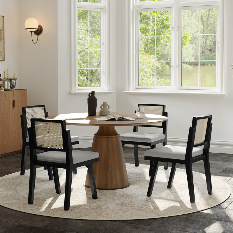 Chaise de salle à manger avec dossier en rotin réversible tissé moderne l 19 po avec pieds en bois massif Amadou, 4, Brun