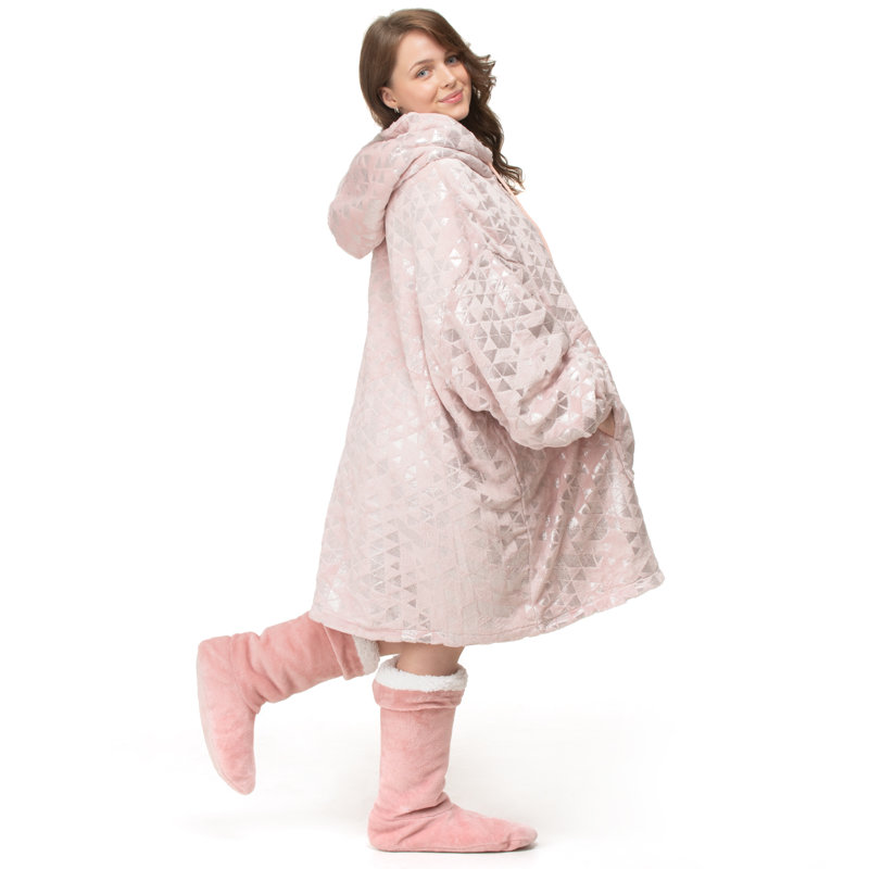 Blohm Snug Oversize Foil Print Geometric Hoodie Blanket Thermal Cozy with Pocket