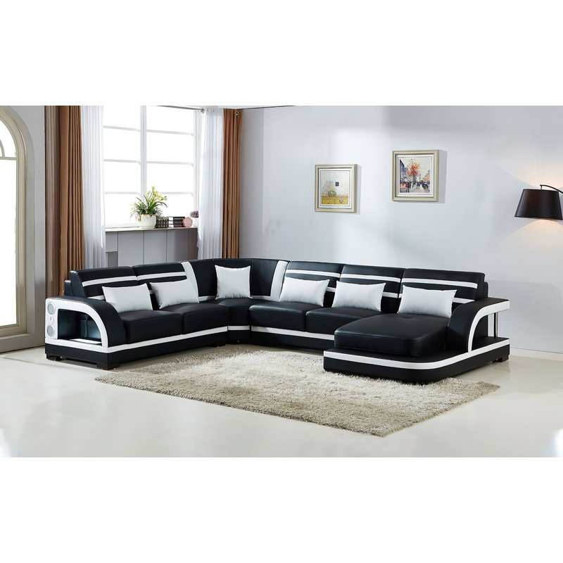 Lorese Upholstered U-Shaped Sectional,  Black/White, Left Hand Facing
