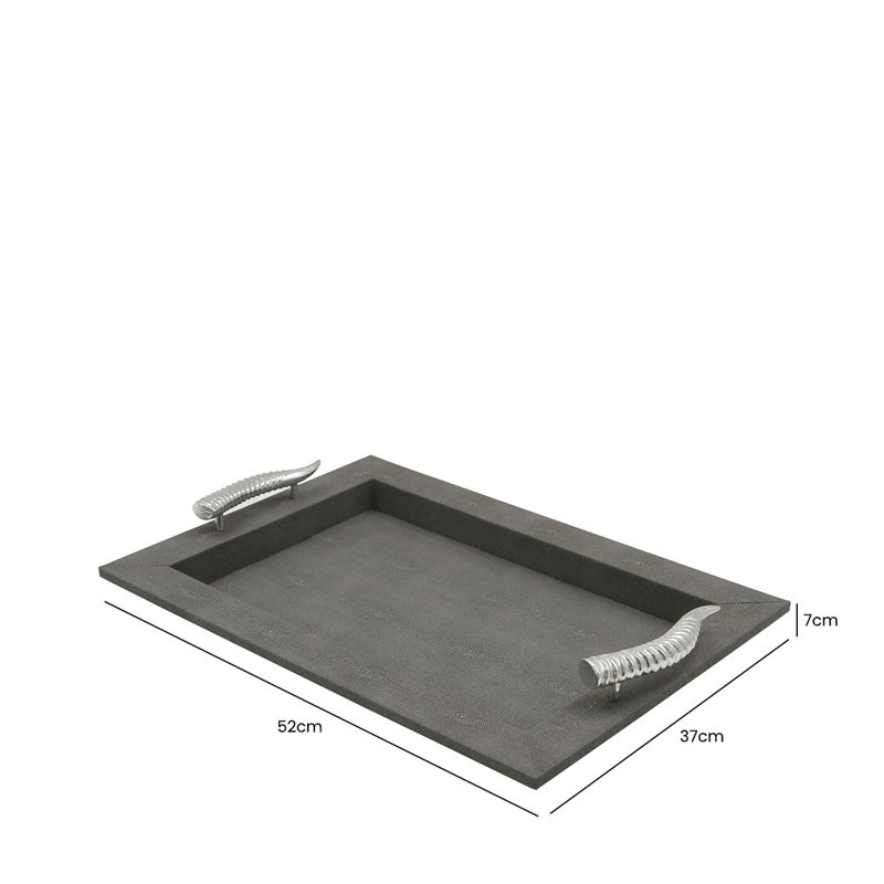 Aashini Faux Leather Decoration Serving Tray for Living Room Decor, Stylish Tray for Tabletop, Grey/Chrome