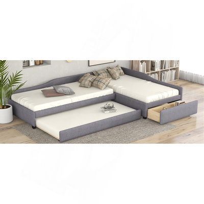 Upholstered Double Twin Size Daybed With Trundle And Drawer