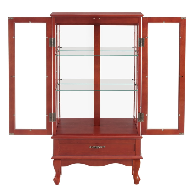 Vitrine lumineuse en verre avec tablettes réglables, deux portes et un tiroir pour une décoration polyvalente et un rangement efficace