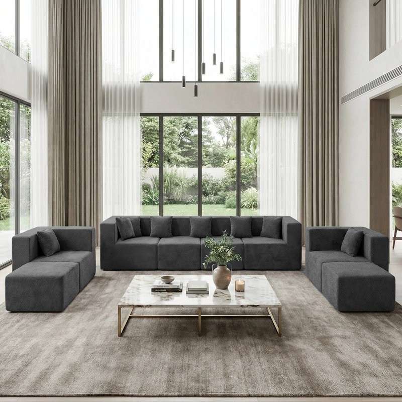 Modern Boneless Cloud 8-Seat Modular Sectional Sofa with 8 Pillows, No Assembly Required, Dark Gray Boucle