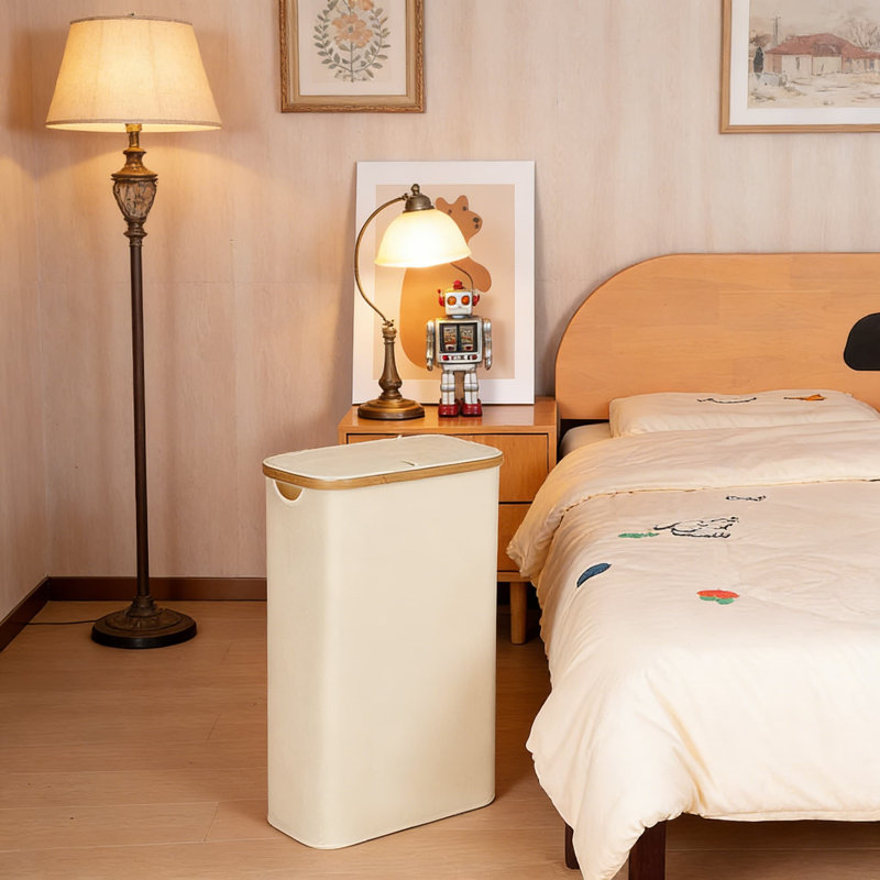 Panier à linge mince avec couvercle et sac intérieur amovible, panier à linge étroit pliable pour les petits espaces, panier à linge portatif avec poignées en bambou pour chambre à coucher, dortoir ou salle de lavage