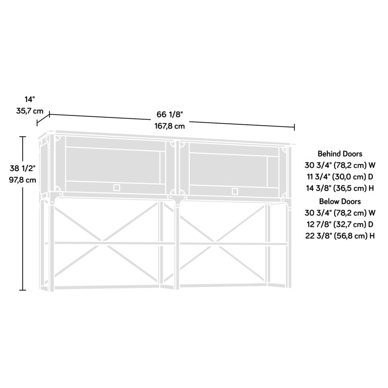 Bois d'ingénierie industriel brun pour le bureau, 3 tablettes horizontales réglables, portes en verre trempé encadrées, configuration ouverte à l'arrière, utilisation dans la conception du bureau, matériau, configuration des tablettes