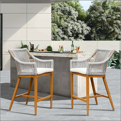 Ensemble de 2 tabourets de bar en aluminium avec dossier en corde textilène et coussin amovible - dossier carré