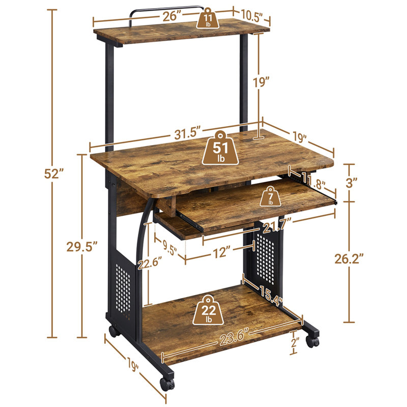 Bureau d'ordinateur Rosita, Brun rustique