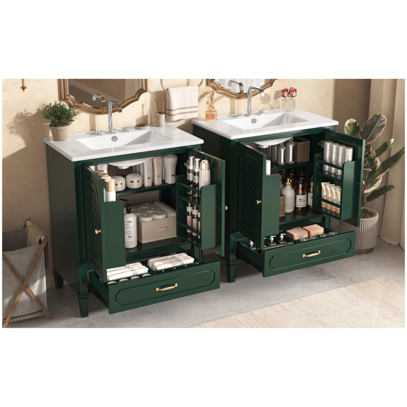 [Vidéo] Ensemble de meuble-lavabo 60 po avec lavabo double, 2 armoires avec organisateurs de porte, 2 tiroirs, vert (même SKU: N759S218644F)