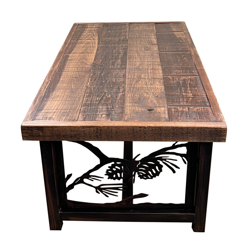 BURNT SIENNA PINE CONE TABLE SET 1- COFFEE TABLE 1-SOFA TABLE 2-RECTANGLE SIDE TABLES ALL WITH ROUGH SAWN TOPS