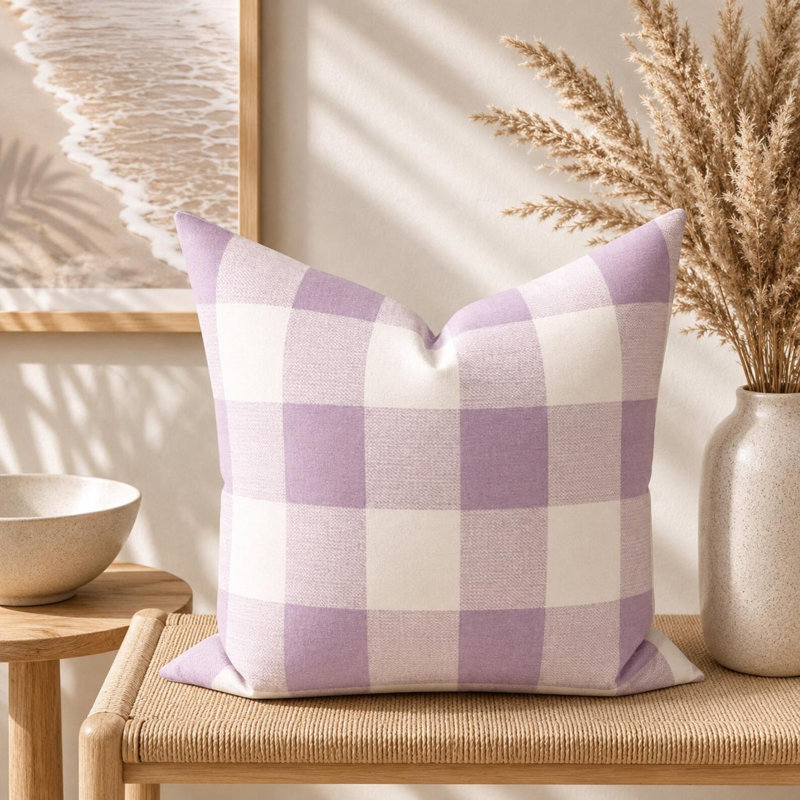 Housse de coussin en coton à carreaux lavande mauve, Rectangle 12"H x 19"W