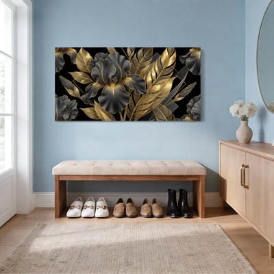 Ensemble de 1 tableau mural en toile tendue représentant un iris floral noir et or