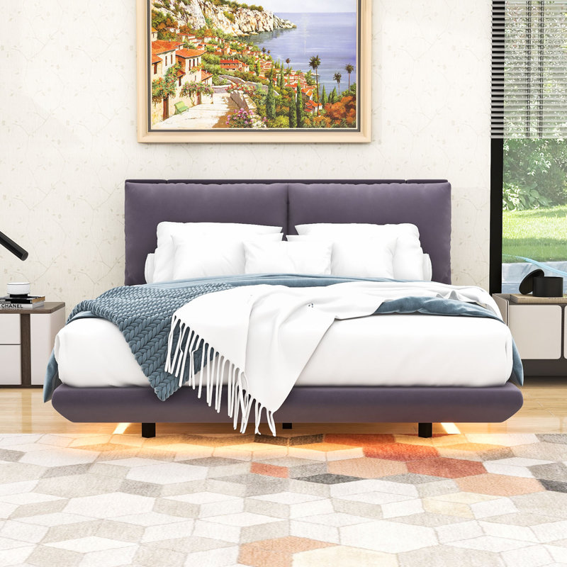 Queen Size Upholstered Platform Bed with Motion Sensor Lighting and Built-In Charging Station, Gray
