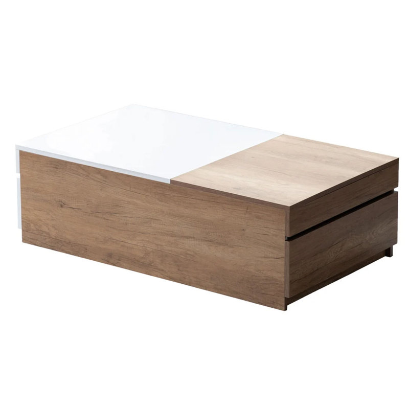 Table basse Arlo au fini brun clair avec compartiments cachés et 2 tiroirs