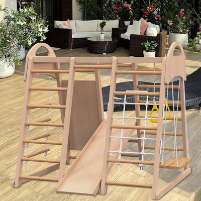 Ensemble de glissade, jeu d'escalade, mur d'escalade, barres à singes, balançoire en bois de style Waldorf et Montessori.