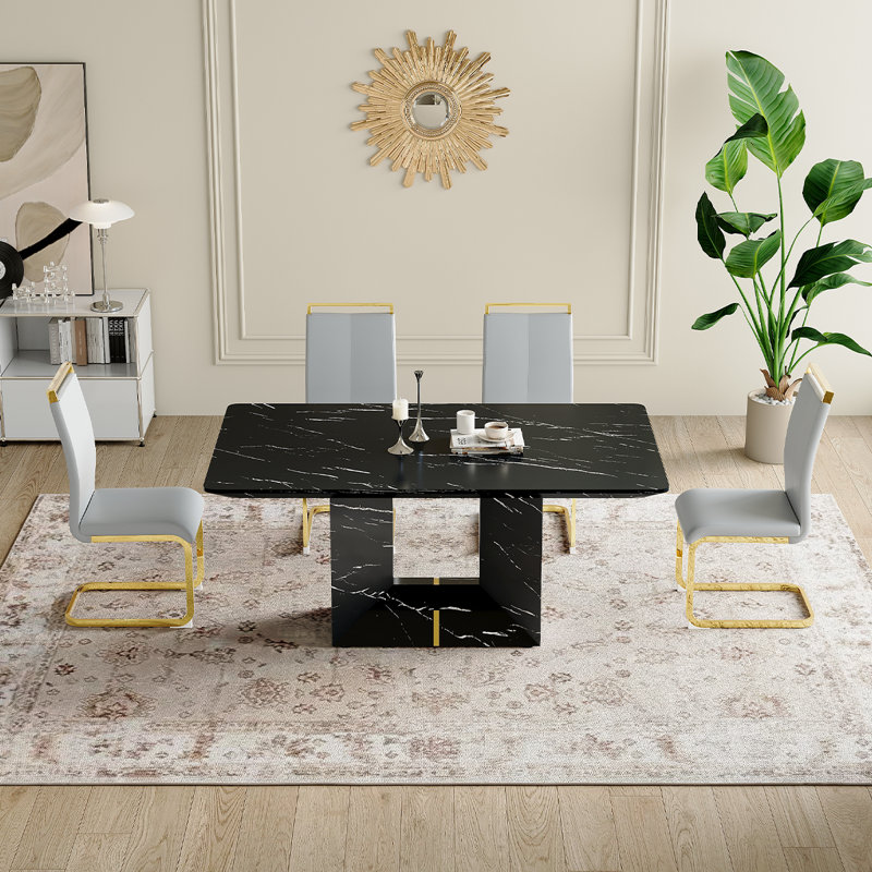 Ensemble de cuisine et salle à manger Modern, table de salle à manger en marbre avec chaises rembourrées, Noir