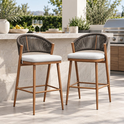 Tabourets de bar de patio en aluminium (2 pièces) avec coussins et dossiers en osier