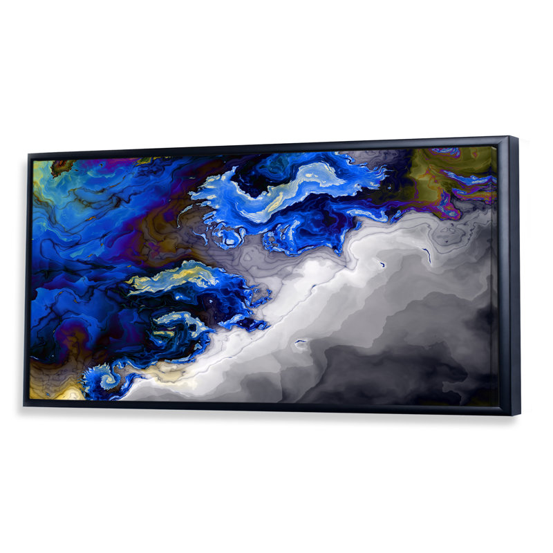 Encre fractale bleue et grise - peinture sur toile, Cadre noir, H 8 po x l 12 po x P 1 po