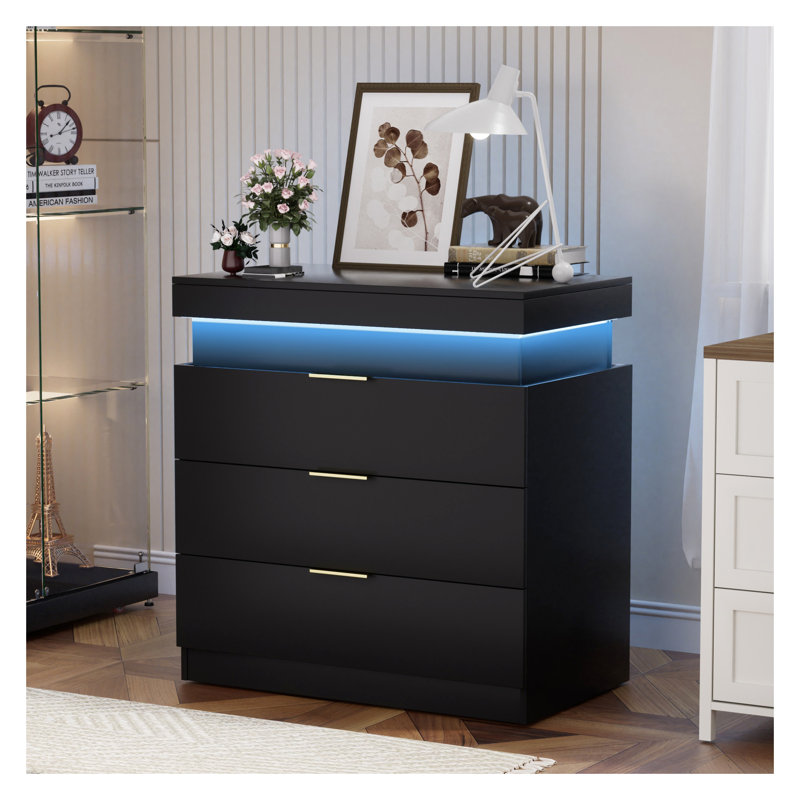 Modern Black Nightstand with Charging Station and LED Lights - Bedside Table with Sliding Top Drawer, End Side Table for Bedroom, 28.8"W x 17"D x 30.5"H