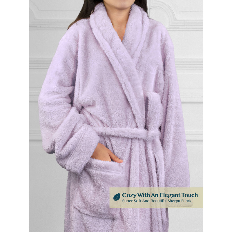 Lavender Plush Fleece Mid-Calf Bathrobe with Pockets