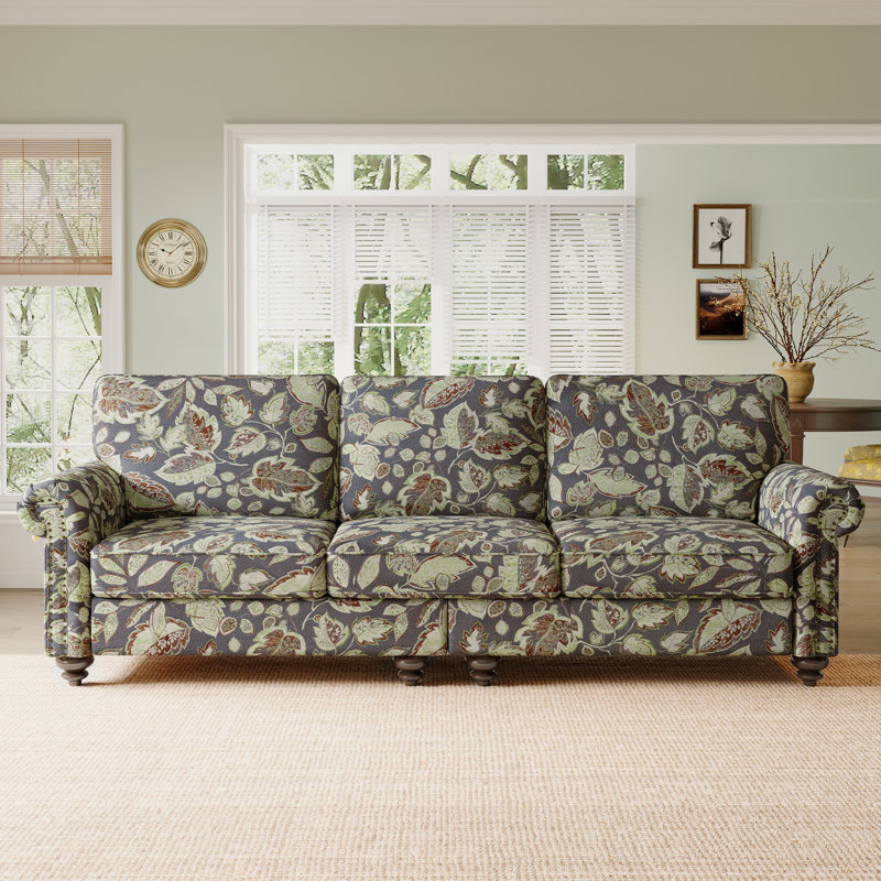 Clearance - Vintage Floral 3-Seat Classical Sofa With Gourd Solid Wood Legs