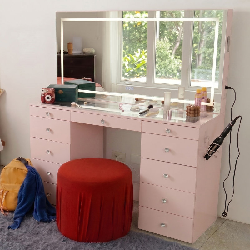 Très grand meuble-lavabo Boahaus Elara avec miroir à DEL - Meuble-lavabo 11 tiroirs, Rose