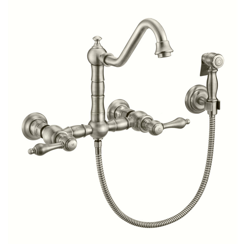 Whitehaus Wall Mount Faucet with Long Traditional Swivel Spout and Solid Brass Side Spray, Brushed Nickel, Lever