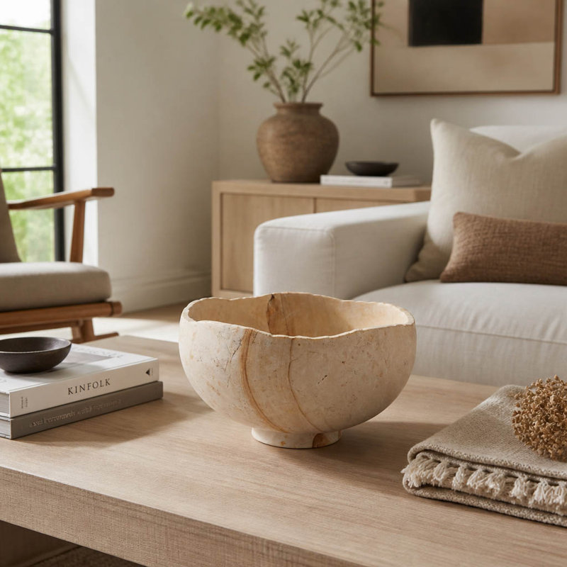 Bol décoratif décoratif en grès sculpté pour décoration moderne - Bol sculptural avec rebord organique pour table et cuisine - 12 po, brun et blanc