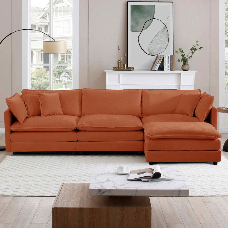 Chenille Cloud Sofa ，4-seat Sofa Couch with Ottoman for Living Room , 33" H x 111" W x 35" D, Light Coffee Chenille