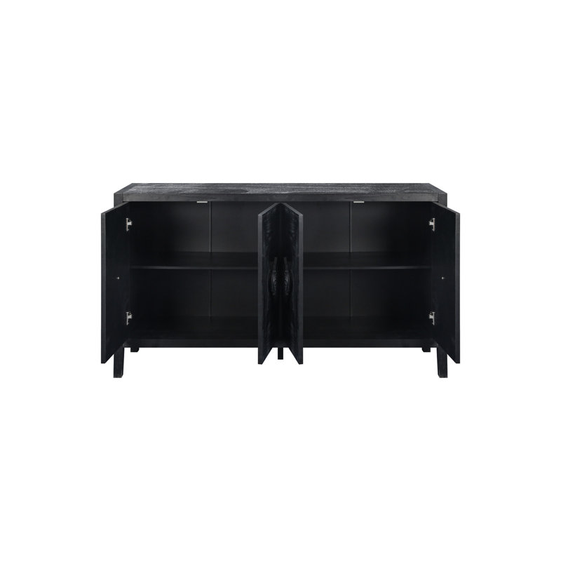 Console à quatre portes avec attrayantes fleurs élégantes pour le salon, H 60,71 po x l 15,97 po x P 31,98 po, Noir antique