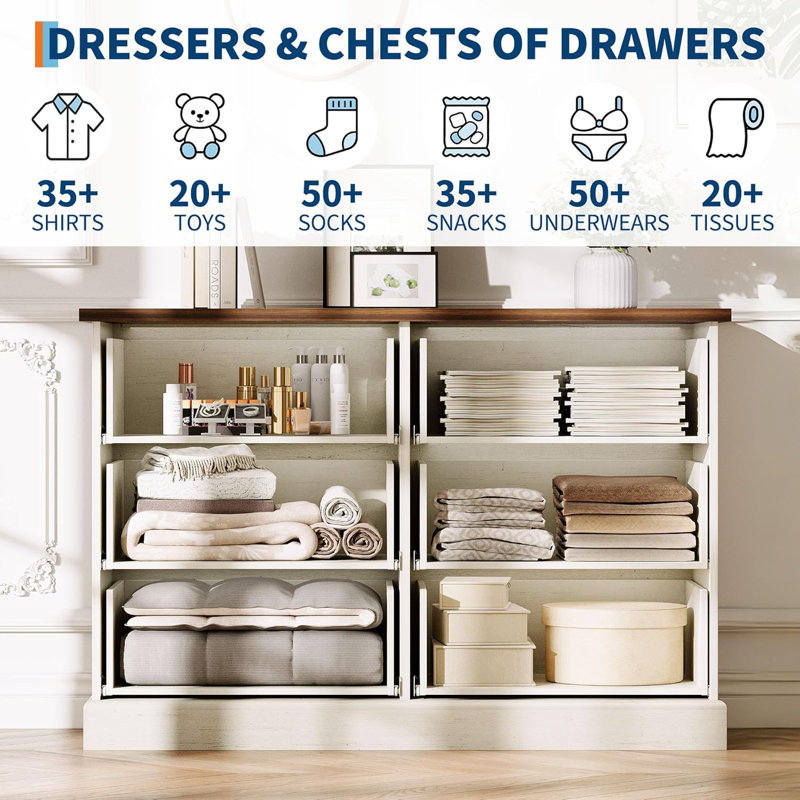 6 Dresser for Bedroom, 47 in Wide Drawer Dresser with Storage Freestanding, Wooden Closet Storage Chest, White