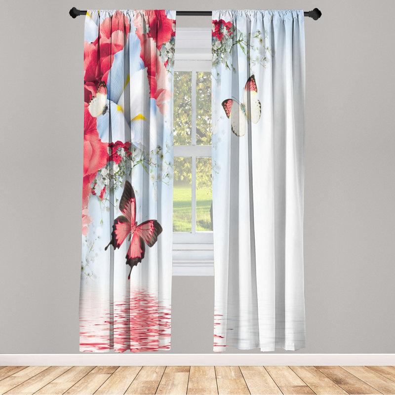 Microfiber Floral Semi-Sheer Rod Pocket Curtain Panels, 28" W x 95" L, Pink/Light Blue
