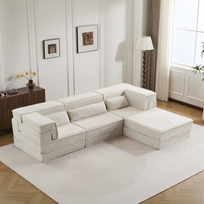 Canapé à compression, canapé convertible au sol, canapé modulaire désossé bricolage, aucun assemblage requis, tissu polaire circulaire, surdimensionné à 4 places avec 3 coussins, blanc