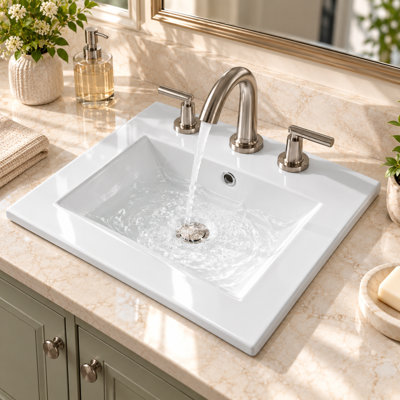 Lavabo de salle de bain rectangulaire encastrable L 24 po x l 18,2 po avec 3 trous de robinet, lavabo en porcelaine vitrifiée blanche