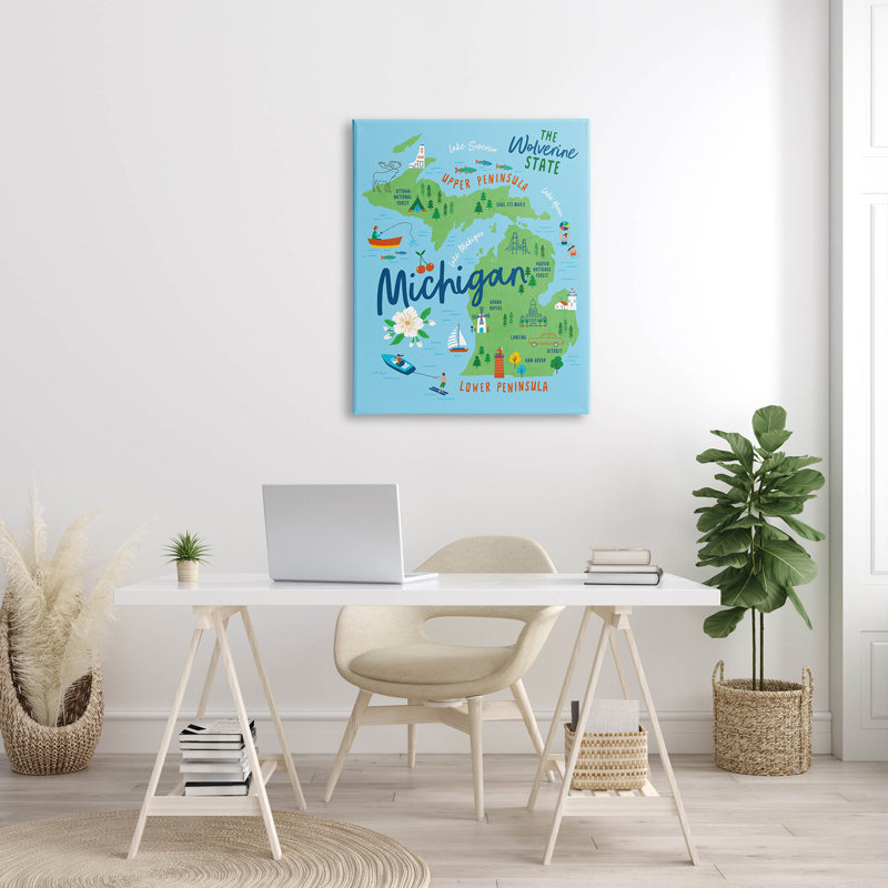 "Everyday Michigan", carte illustrée par Nina Seven, H 40 po x l 30 po x P 1,5 po