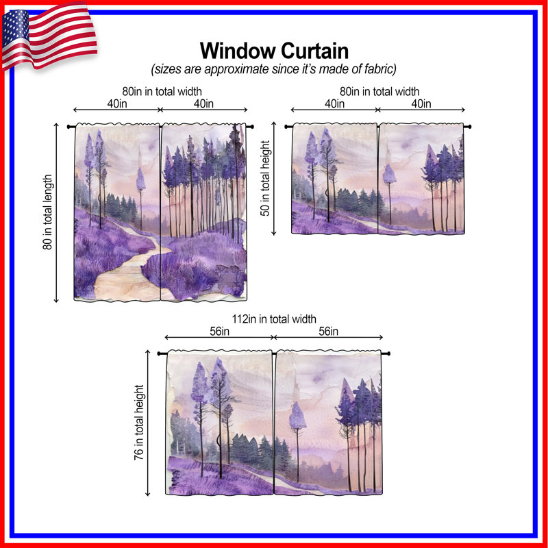 Lavender Forest Path Window Curtains Forest Sheer & Room Darkening - 2 Panels, 20in x 50in - 2 panels, Transparent
