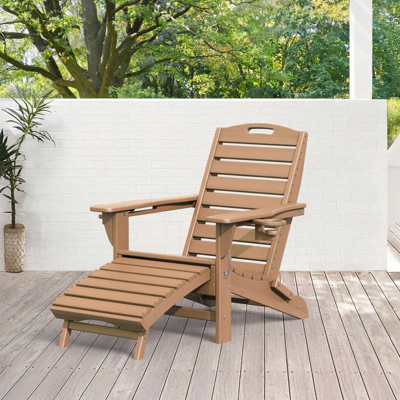 Firepit Chairs Wood Texture Foldable Adirondack Chair With Ottoman and adjustable backrest, Brown
