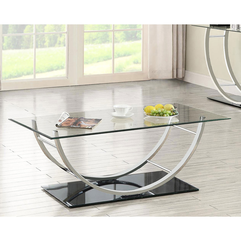 Table basse rectangulaire en verre en forme de U avec une disposition ergonomique pour maximiser l'espace de travail et l'attrait esthétique dans les environnements modernes, avec une finition réfléchissante de 18 pouces de haut et un entretien facile