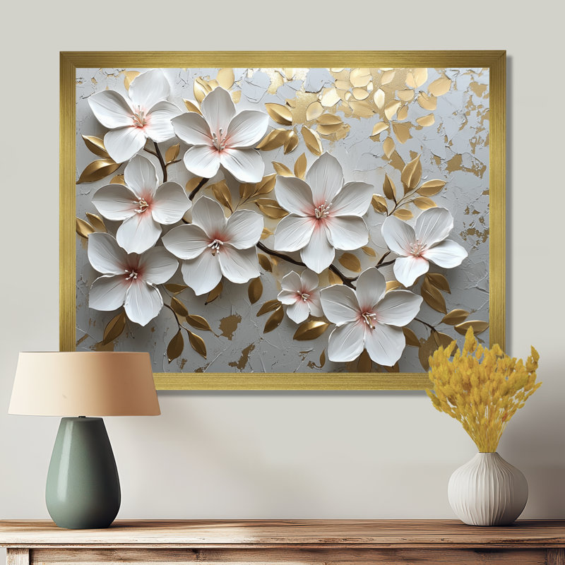 Moniesha crème et rhododendron doré radiant II - art mural grand rhododendron, H 30 po x l 40 po, Cadre flottant, Doré