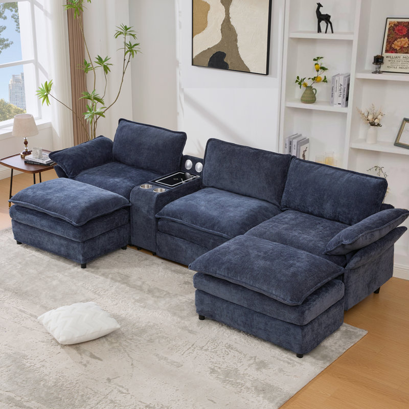 [Nouveauté] [Vidéo fournie] Canapé modulaire en U, console de rangement et recharge sans fil, 2 porte-gobelets, haut-parleurs Bluetooth, 2 repose-pieds mobiles, main courante réglable, siège mobile, chenille, bleu