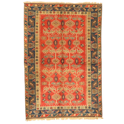 Hand Knotted Wool Area Rug in Red And Navy