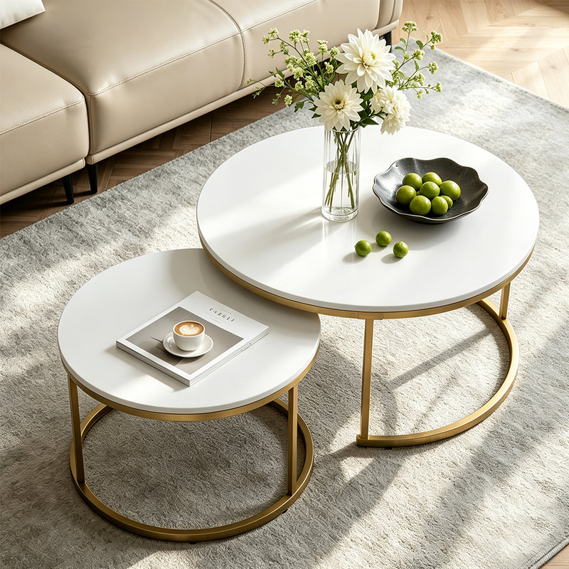 Table d'appoint 2 pièces ronde avec structure en métal et tables d'appoint en bois, Blanc, Gold
