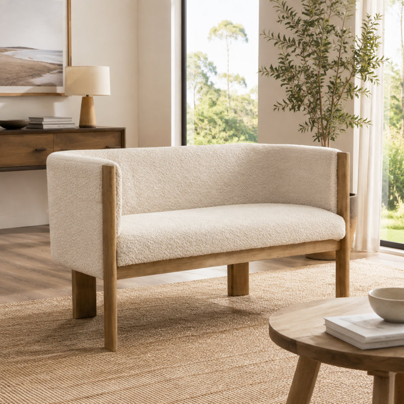Canapé deux places capitonné en bouclette de 123 cm (48,5 po) avec structure en bois massif, frêne naturel et amande